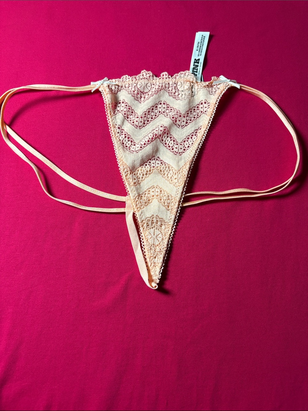 Pink Victoria’s Secret Peach Lace Chevron Thong Bikini Bottom